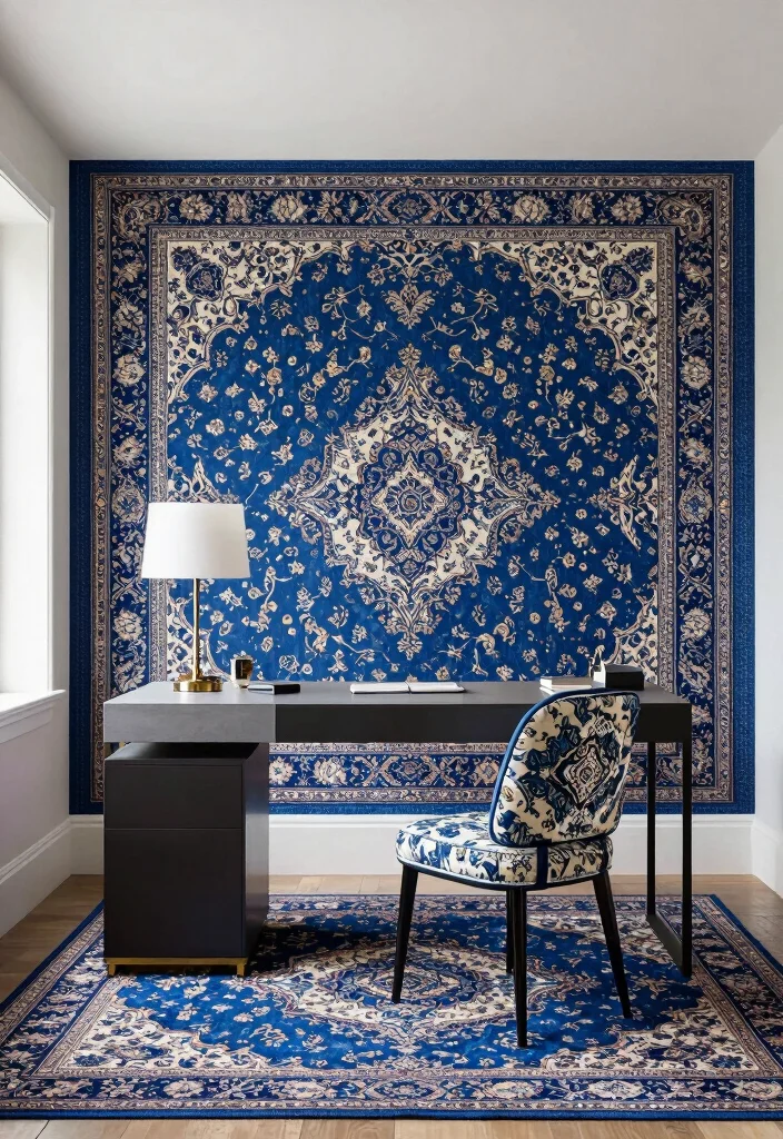 16 Blue Persian Rug Wallpaper Ideas With Luxe Vibes - 11. Luxurious Home Office 1