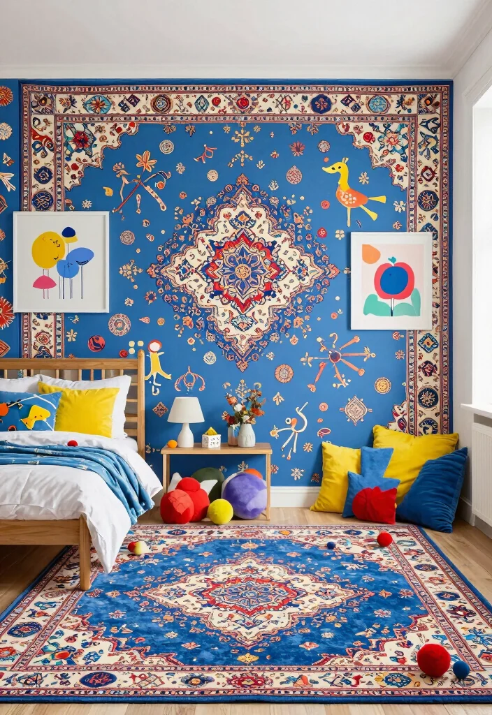 16 Blue Persian Rug Wallpaper Ideas With Luxe Vibes - 12. Playful Kids' Room 1