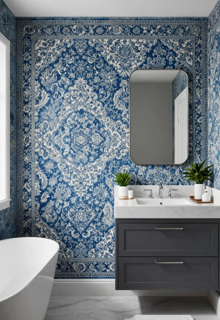 16 Blue Persian Rug Wallpaper Ideas With Luxe Vibes - 13. Sophisticated Bathroom Design 1