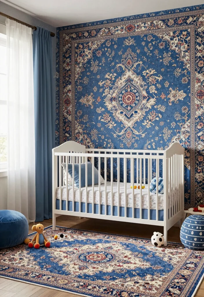 16 Blue Persian Rug Wallpaper Ideas With Luxe Vibes - 14. Whimsical Nursery Space 1