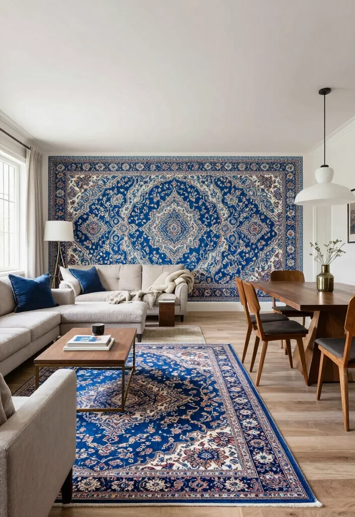 16 Blue Persian Rug Wallpaper Ideas With Luxe Vibes - 6. Open Concept Living 1
