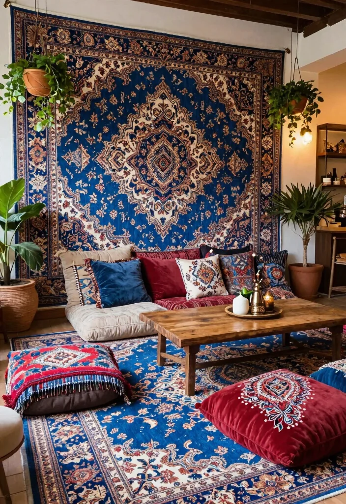 16 Blue Persian Rug Wallpaper Ideas With Luxe Vibes - 7. Bohemian Lounge Area 1