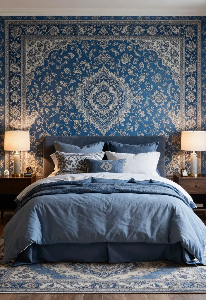 16 Blue Persian Rug Wallpaper Ideas With Luxe Vibes - 9. Cozy Bedroom Retreat 1