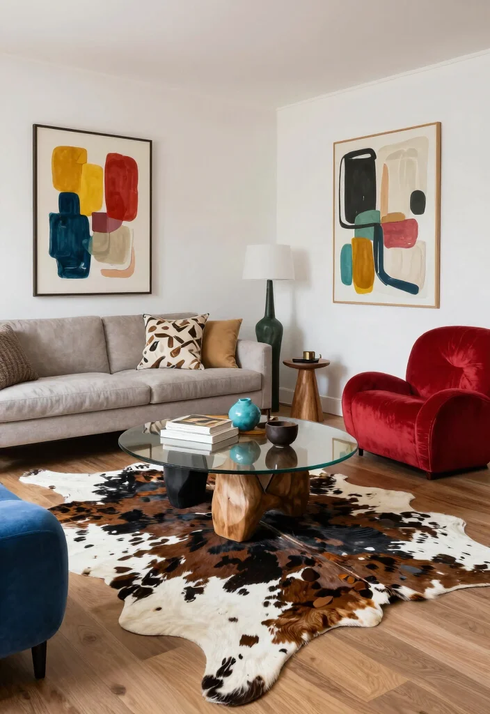 16 Cow Rug Living Room Ideas That Add Rustic Charm - 10. Artistic Flair 1