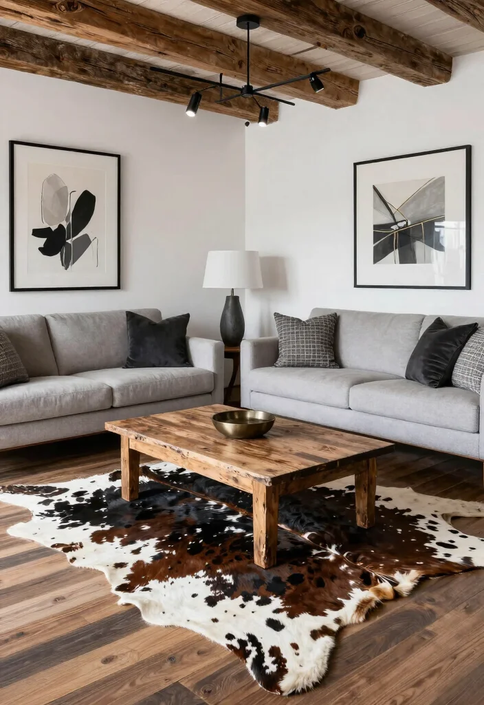 16 Cow Rug Living Room Ideas That Add Rustic Charm - 11. Rustic Charm with a Modern Twist 1