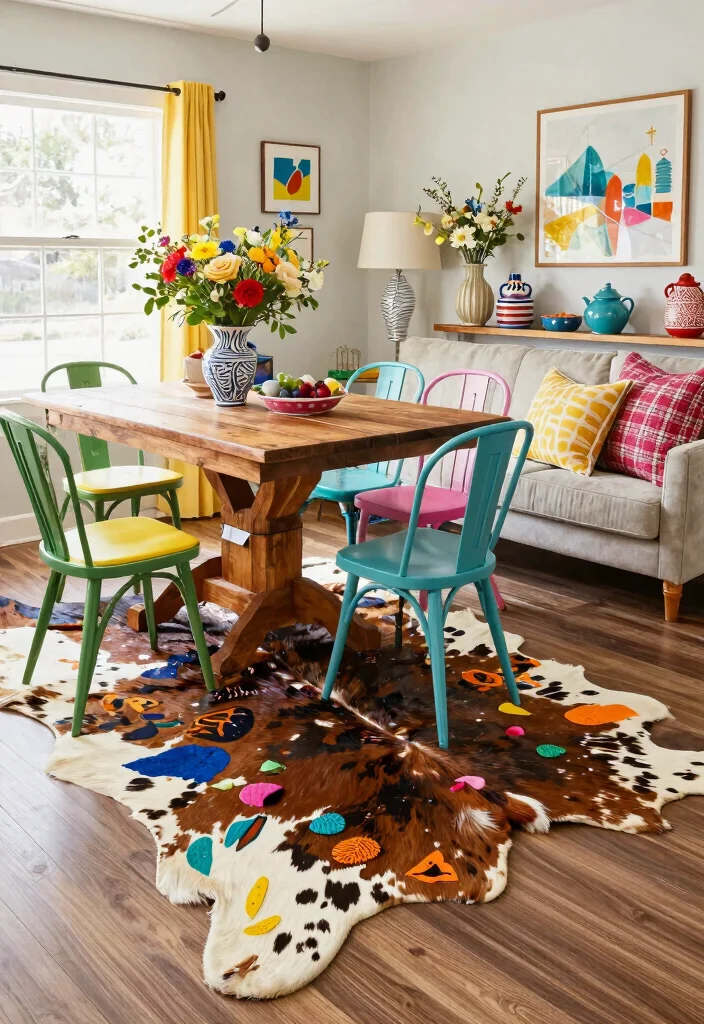 16 Cow Rug Living Room Ideas That Add Rustic Charm - 12. Farmhouse Chic with Color 1