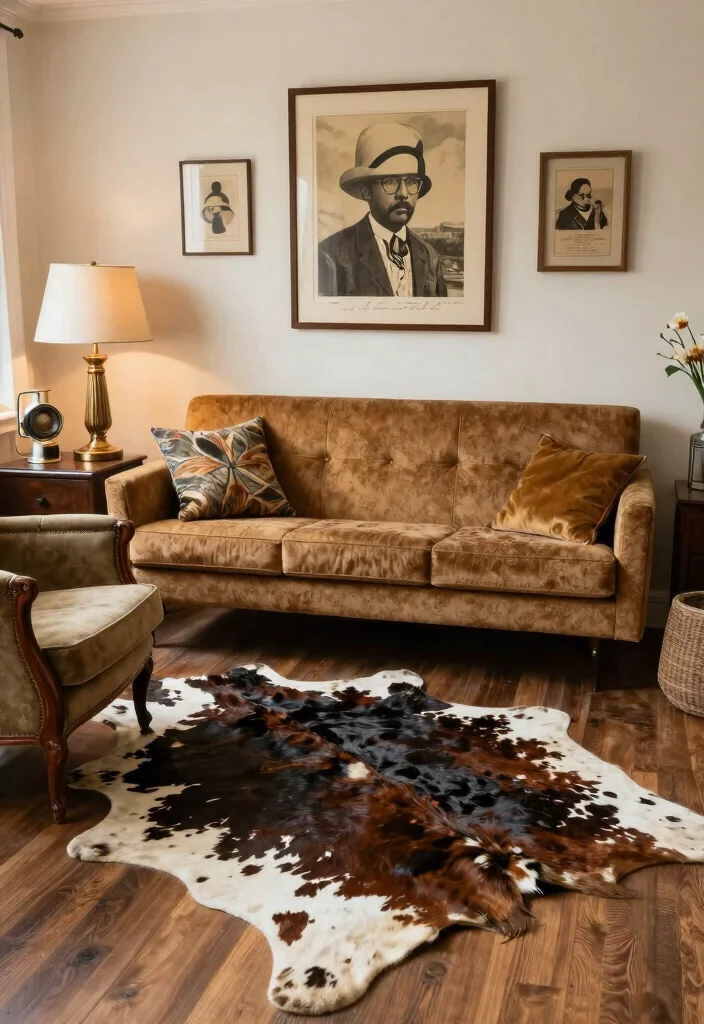 16 Cow Rug Living Room Ideas That Add Rustic Charm - 13. Vintage Furniture Meets Cowhide 1