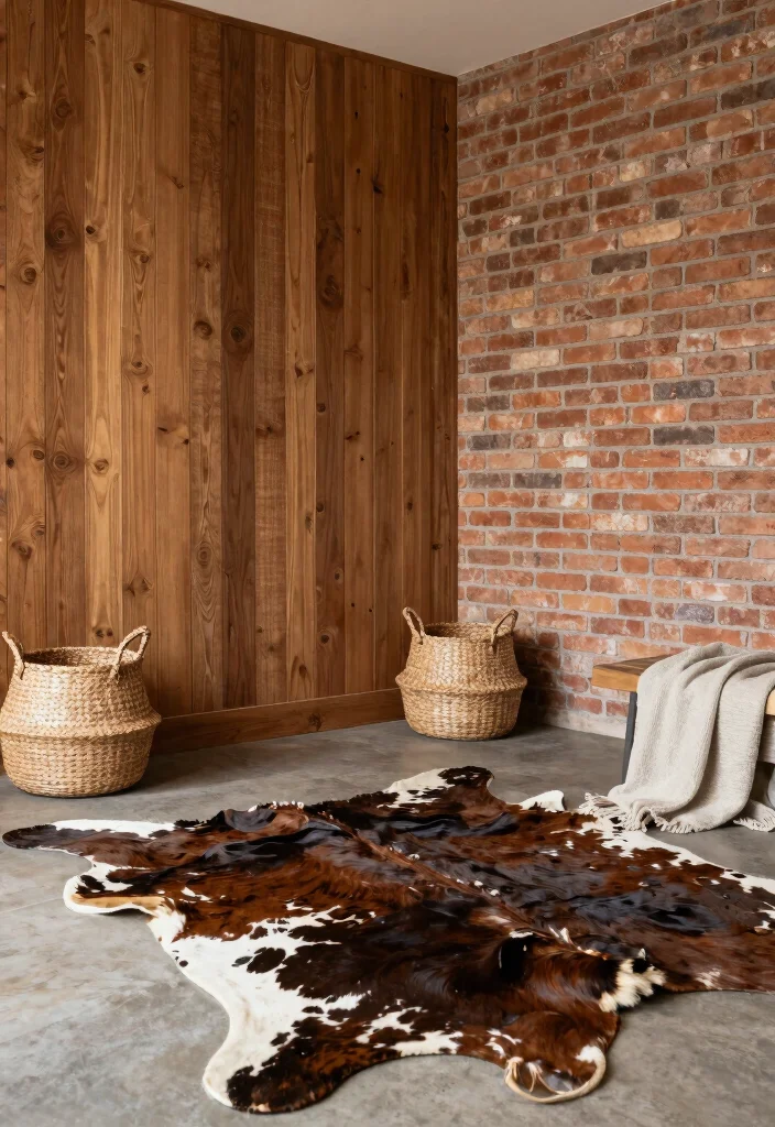 16 Cow Rug Living Room Ideas That Add Rustic Charm - 14. Textured Walls and Cow Rugs 1