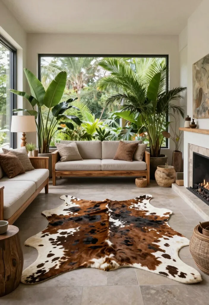 16 Cow Rug Living Room Ideas That Add Rustic Charm - 15. Nature-Inspired Elements 1