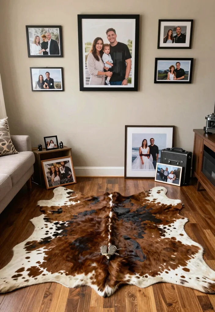 16 Cow Rug Living Room Ideas That Add Rustic Charm - 16. Personalized Touches 1