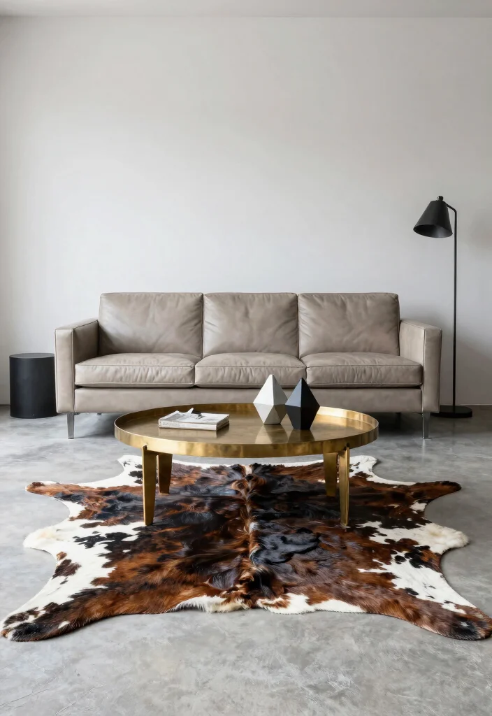 16 Cow Rug Living Room Ideas That Add Rustic Charm - 2. Modern Rustic Fusion 1