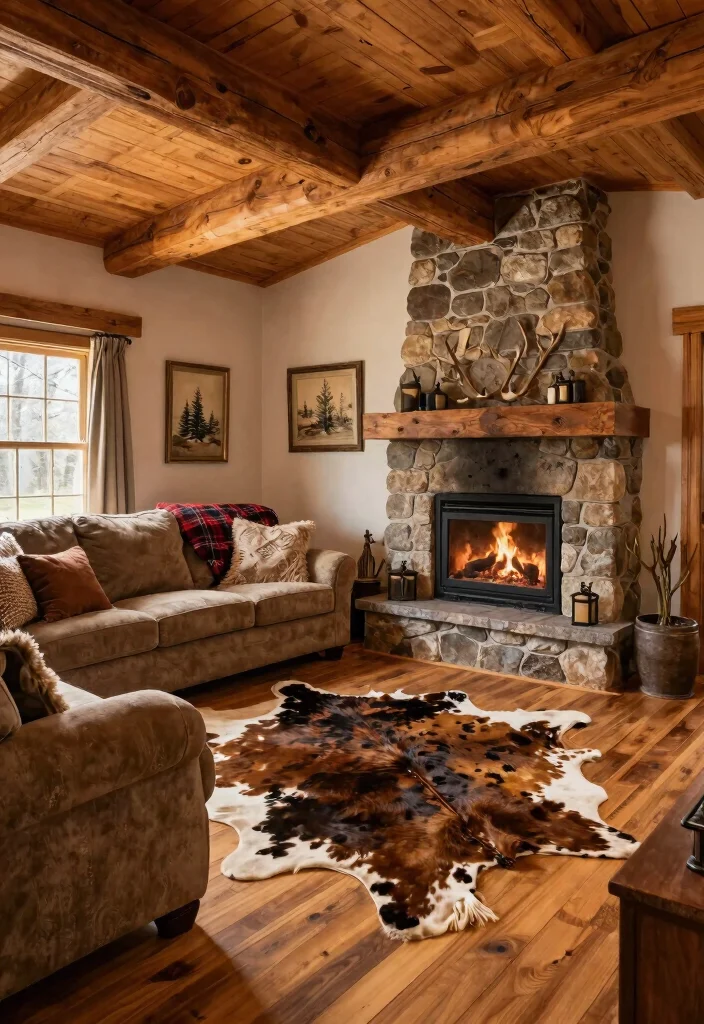 16 Cow Rug Living Room Ideas That Add Rustic Charm - 3. Cozy Cabin Retreat 1