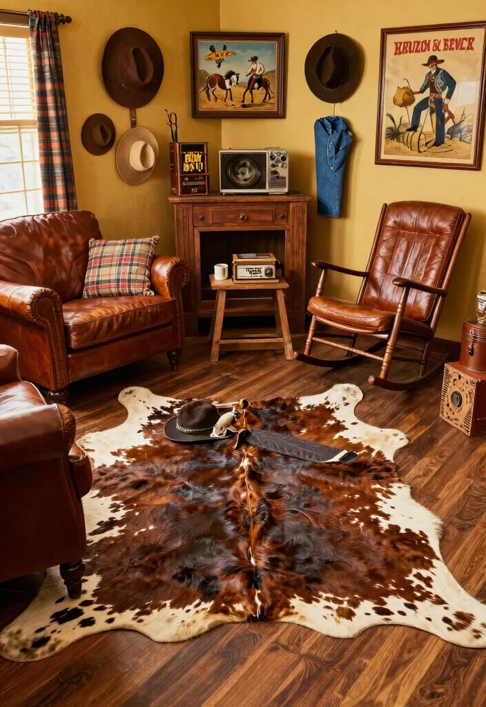 16 Cow Rug Living Room Ideas That Add Rustic Charm - 4. Vintage Western Flair 1