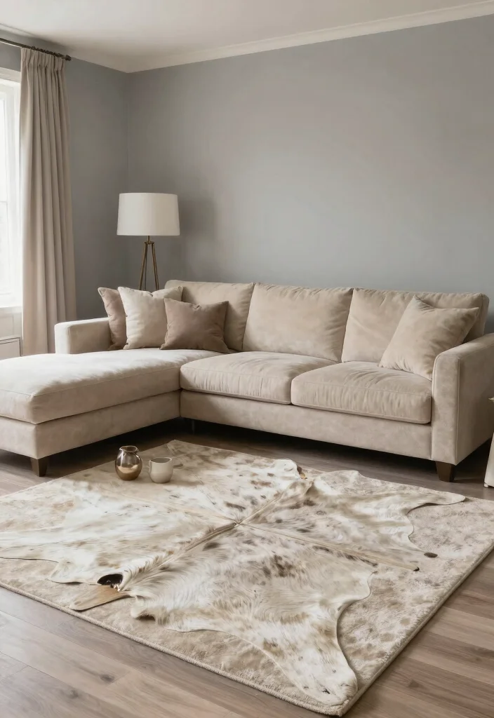 16 Cow Rug Living Room Ideas That Add Rustic Charm - 5. Elegant Neutral Tones 1