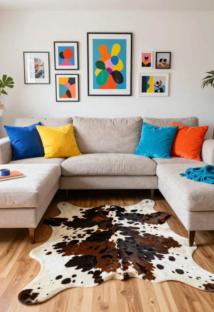16 Cow Rug Living Room Ideas That Add Rustic Charm - 6. Bright and Cheerful Accents 1