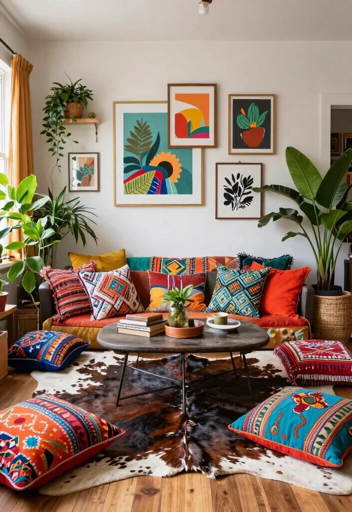 16 Cow Rug Living Room Ideas That Add Rustic Charm - 7. Eclectic Bohemian Vibes 1
