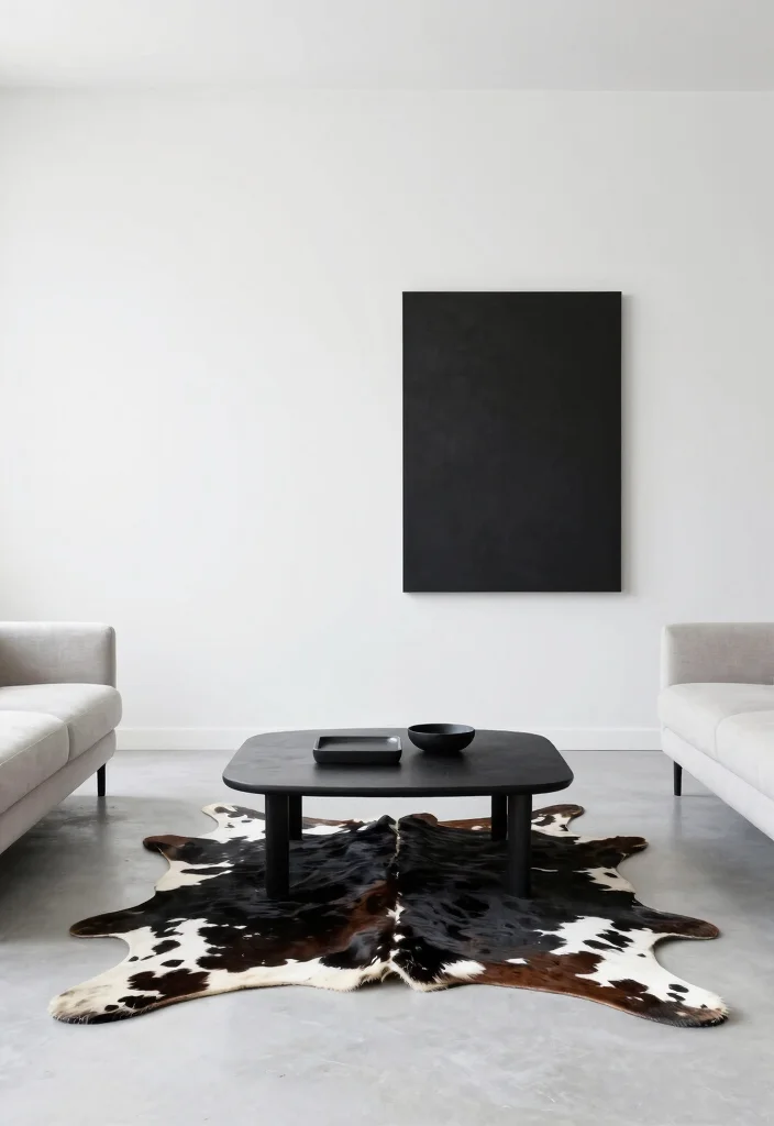 16 Cow Rug Living Room Ideas That Add Rustic Charm - 8. Minimalist Touch 1