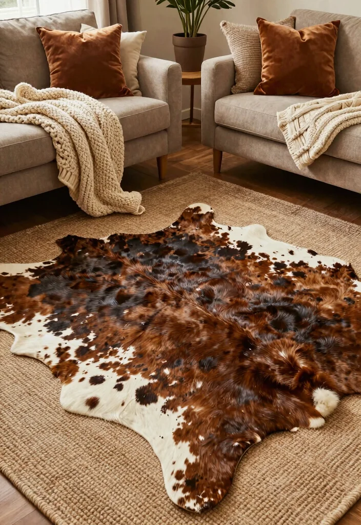 16 Cow Rug Living Room Ideas That Add Rustic Charm - 9. Layering with Textures 1