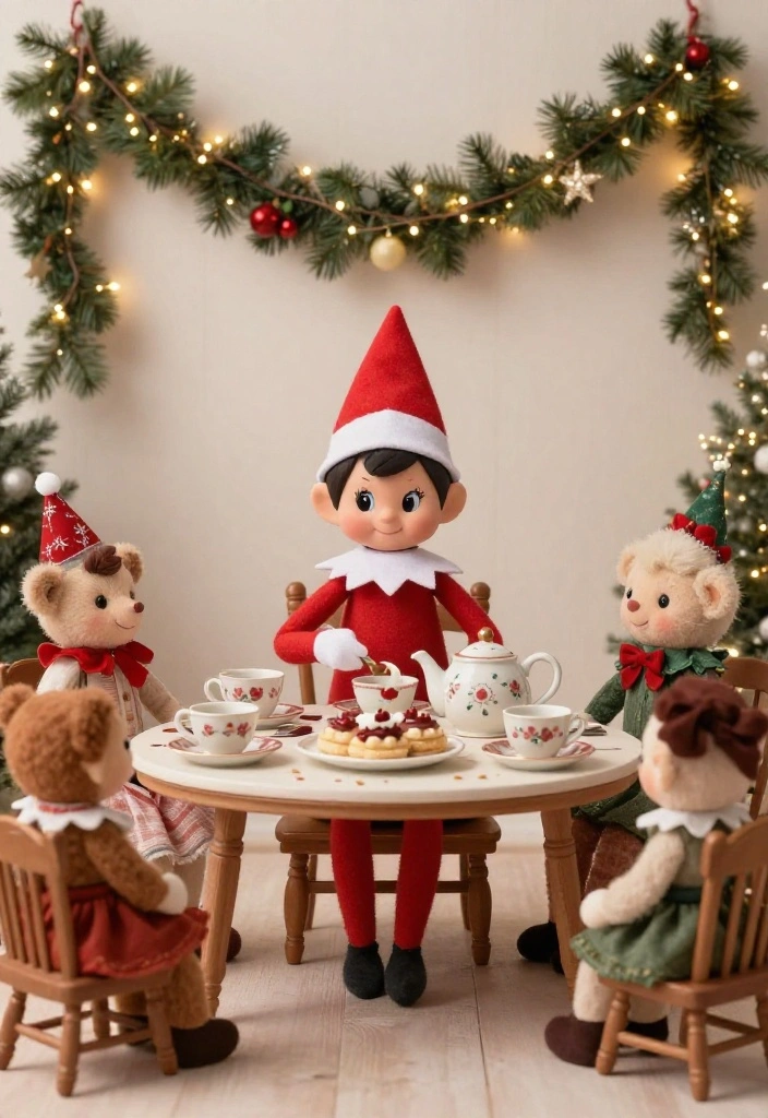 16 Elf on the Shelf Ideas That Kids Will Obsess Over - 16. Elf Hosting a Holiday Tea Party 1