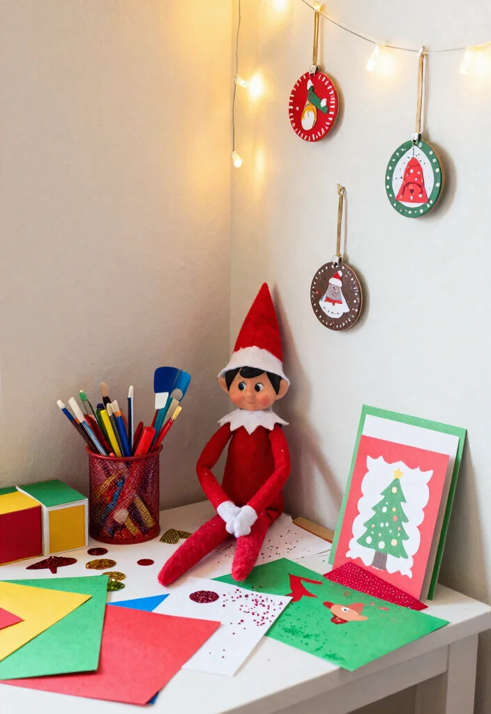 16 Elf on the Shelf Ideas That Kids Will Obsess Over - 6. Elf in a Christmas Craft Corner 1