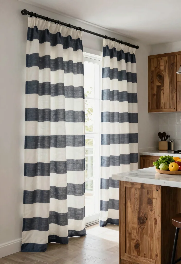 16 Kitchen Door Curtains Ideas That Add Cozy Charm - 11. Horizontal Stripes for Modern Appeal 1