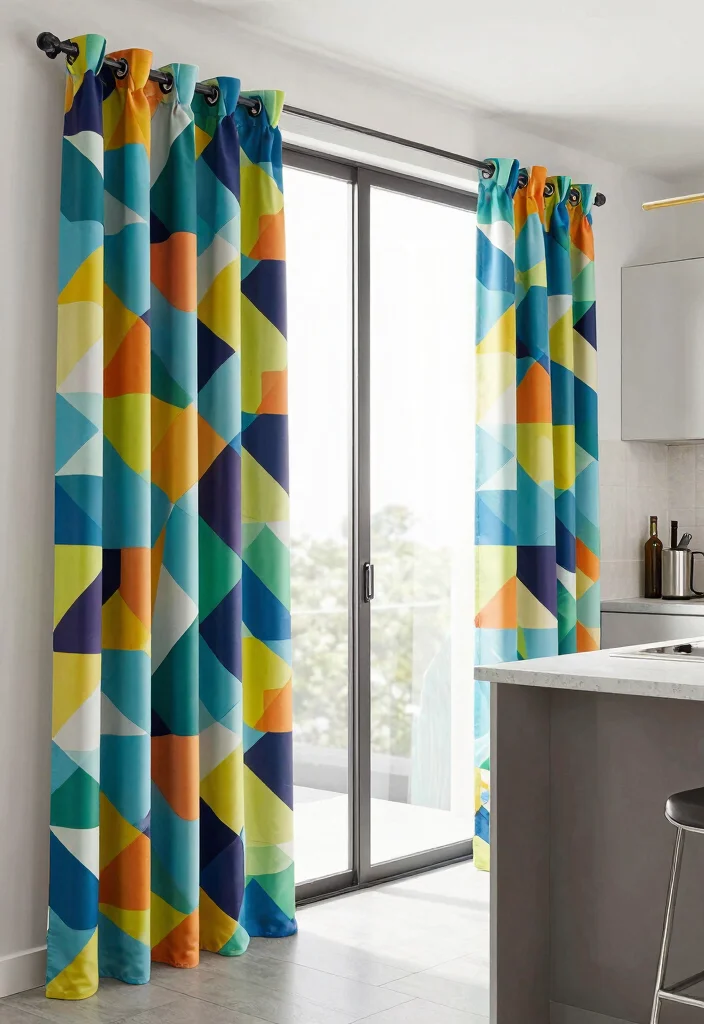 16 Kitchen Door Curtains Ideas That Add Cozy Charm - 15. Modern Geometric Patterns 1
