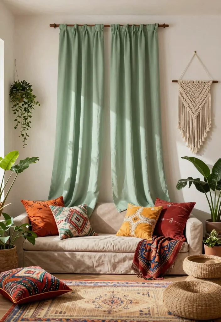 16 Sage Green Curtains Ideas for a Soft Earthy Look 23 16 Sage Green Curtains Ideas for a Soft Earthy Look - 3. Embrace Bohemian Vibes 1