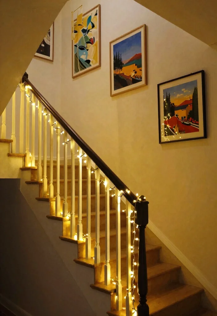 16 Stairs Wall Art Ideas That Turn Empty Space Into a Gallery - 10. String Lights with Art 1