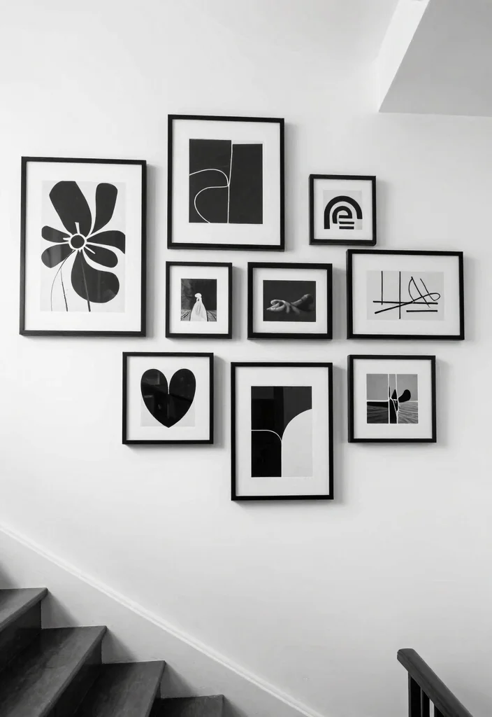 16 Stairs Wall Art Ideas That Turn Empty Space Into a Gallery - 12. Minimalist Black and White Gallery 1