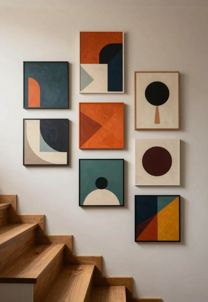 16 Stairs Wall Art Ideas That Turn Empty Space Into a Gallery - 13. Geometric Art Arrangements 1