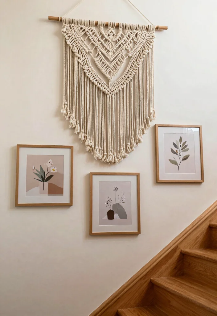 16 Stairs Wall Art Ideas That Turn Empty Space Into a Gallery - 14. Artistic Wall Hangings 1