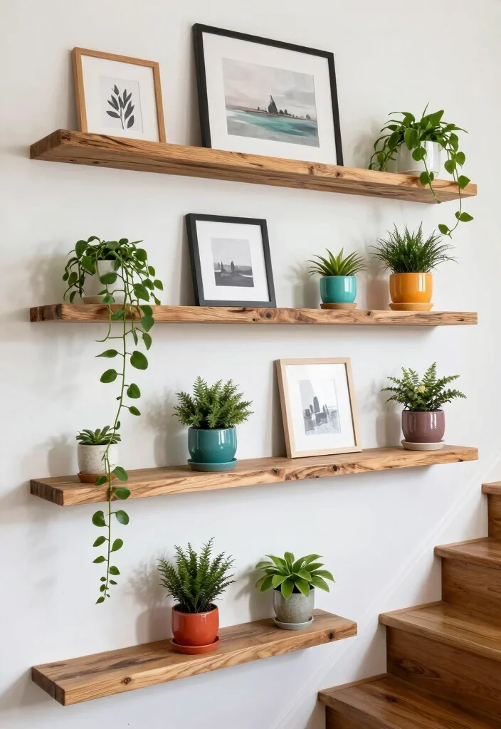 16 Stairs Wall Art Ideas That Turn Empty Space Into a Gallery - 4. Floating Shelves with Art and Plants 1