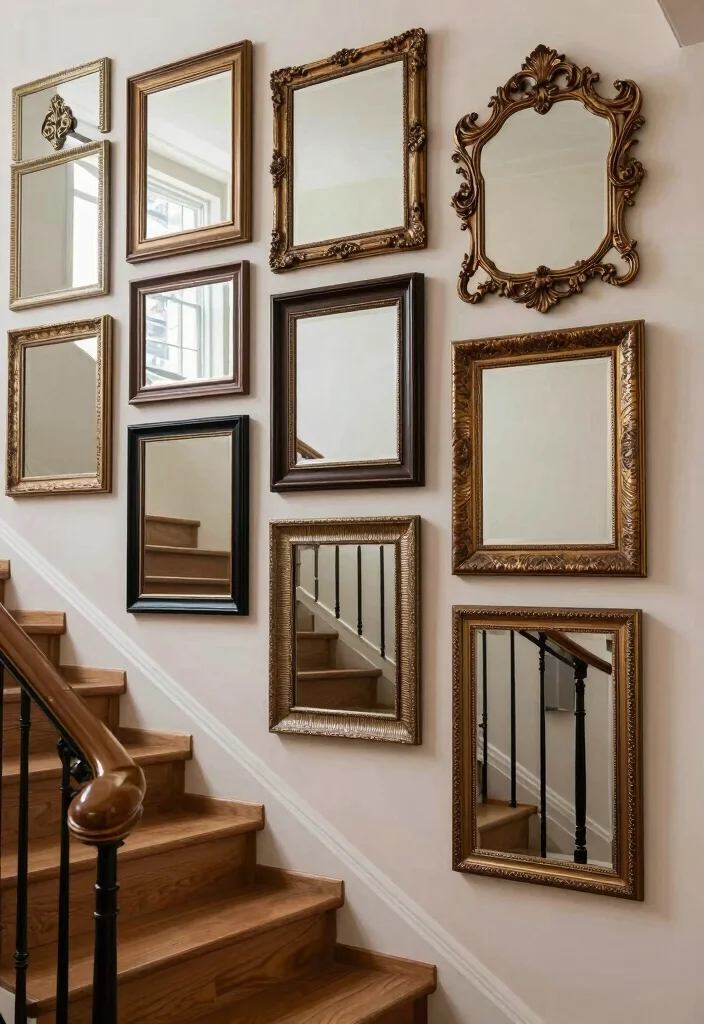 16 Stairs Wall Art Ideas That Turn Empty Space Into a Gallery - 5. Mirrors to Create Illusion of Space 1