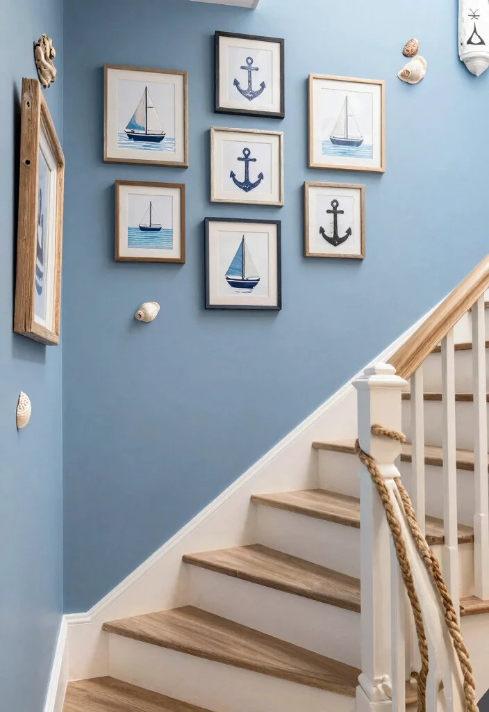 16 Stairs Wall Art Ideas That Turn Empty Space Into a Gallery - 7. Nautical Theme Wall Decor 1