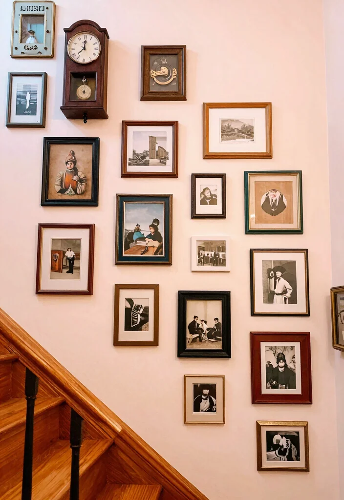 16 Stairs Wall Art Ideas That Turn Empty Space Into a Gallery - 8. Vintage Finds and Thrifted Treasures 1