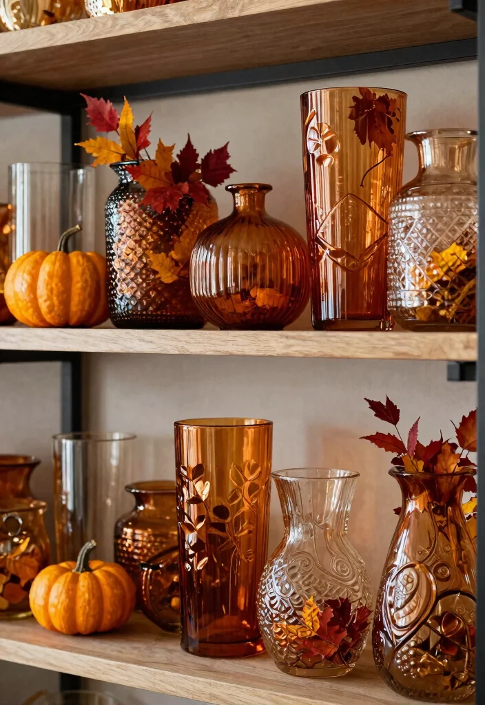 17 Fall Shelf Decor Ideas for a Cozy Autumn Refresh - 13. Textured Glass Vessels 1
