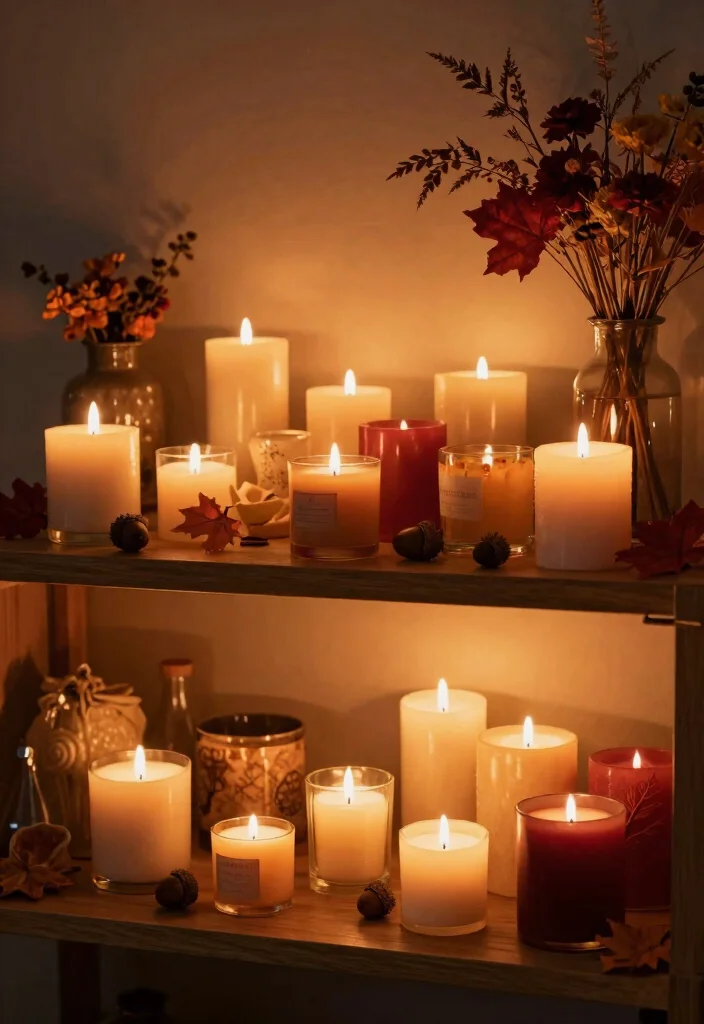 17 Fall Shelf Decor Ideas for a Cozy Autumn Refresh - 4. Cozy Candle Arrangements 1