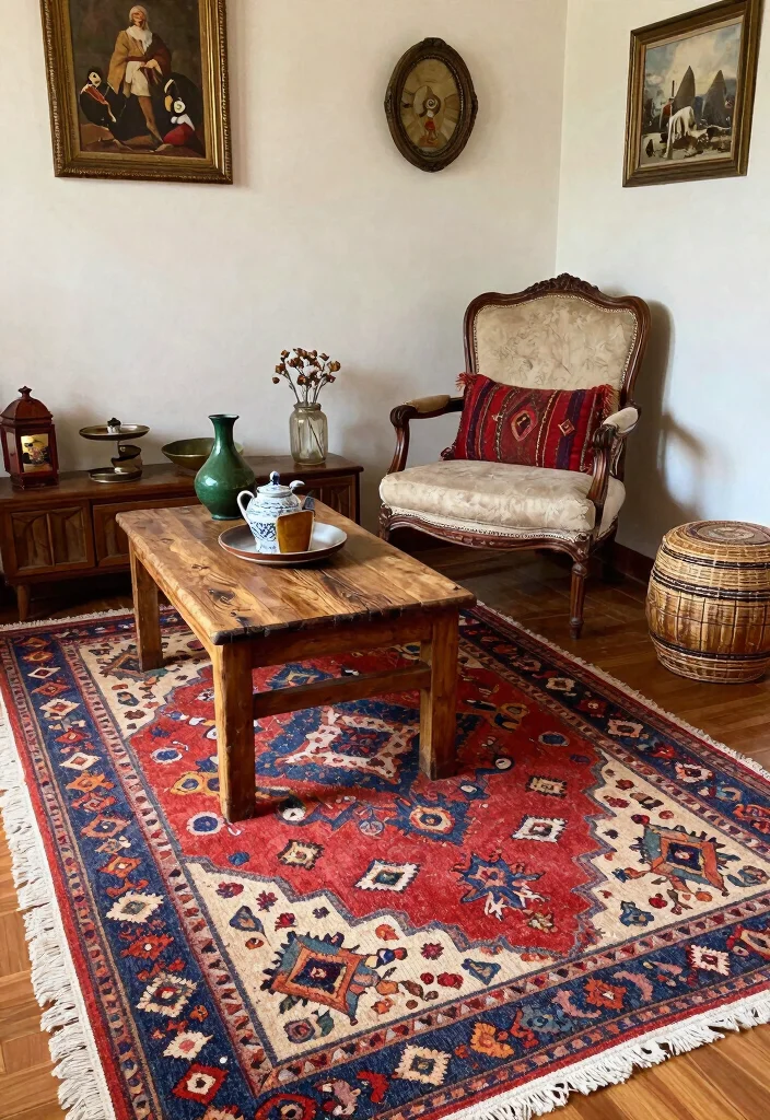 17 Moroccan Rug Living Room Ideas With Bold Boho Vibes - 12. Embracing Vintage Elements 1
