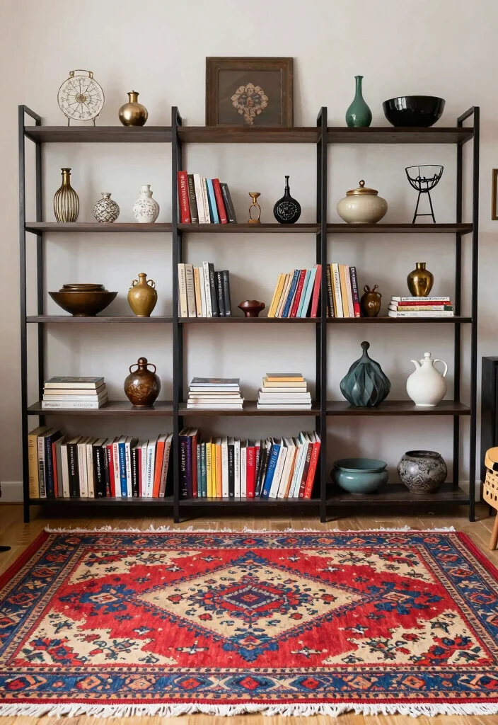 17 Moroccan Rug Living Room Ideas With Bold Boho Vibes - 13. Open Shelving for Display 1