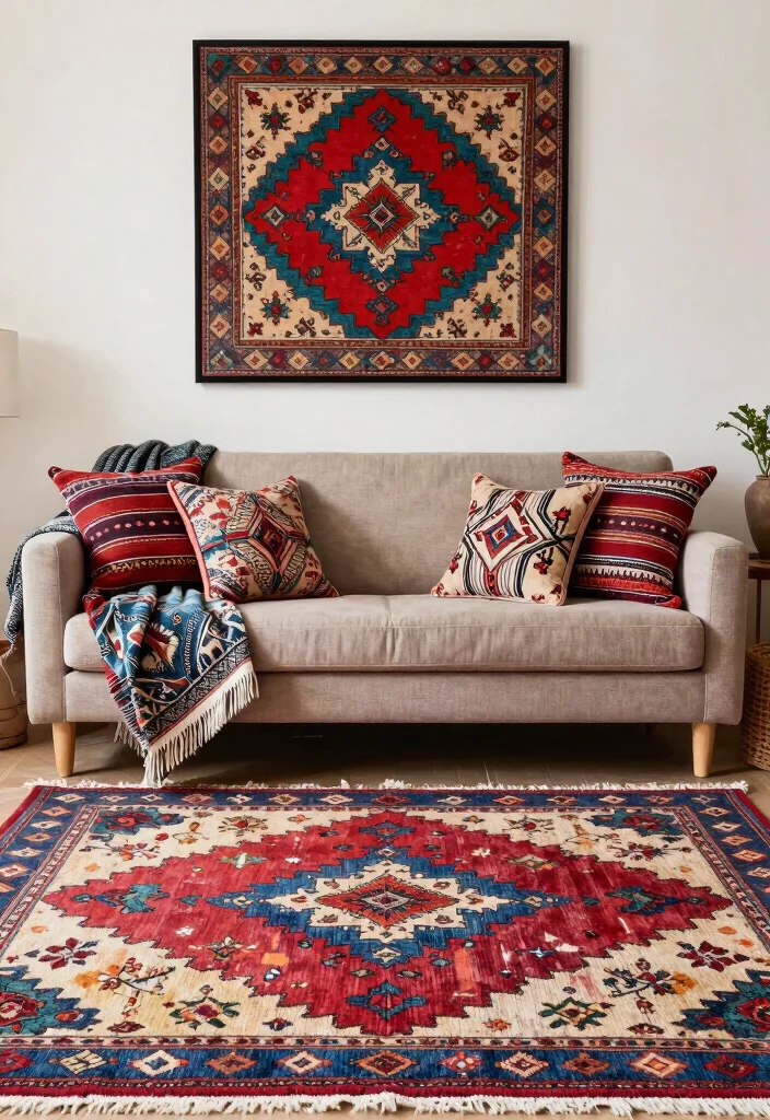 17 Moroccan Rug Living Room Ideas With Bold Boho Vibes - 14. Playful Patterns and Prints 1
