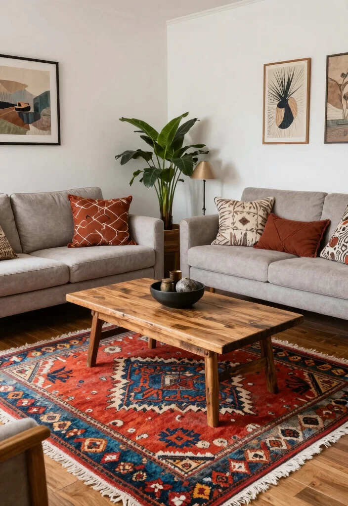 17 Moroccan Rug Living Room Ideas With Bold Boho Vibes - 16. Mixing Furniture Styles 1