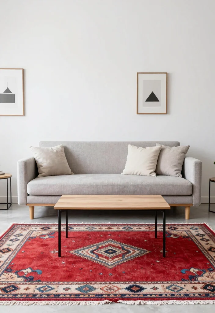 17 Moroccan Rug Living Room Ideas With Bold Boho Vibes - 3. Minimalist Furniture Choices 1