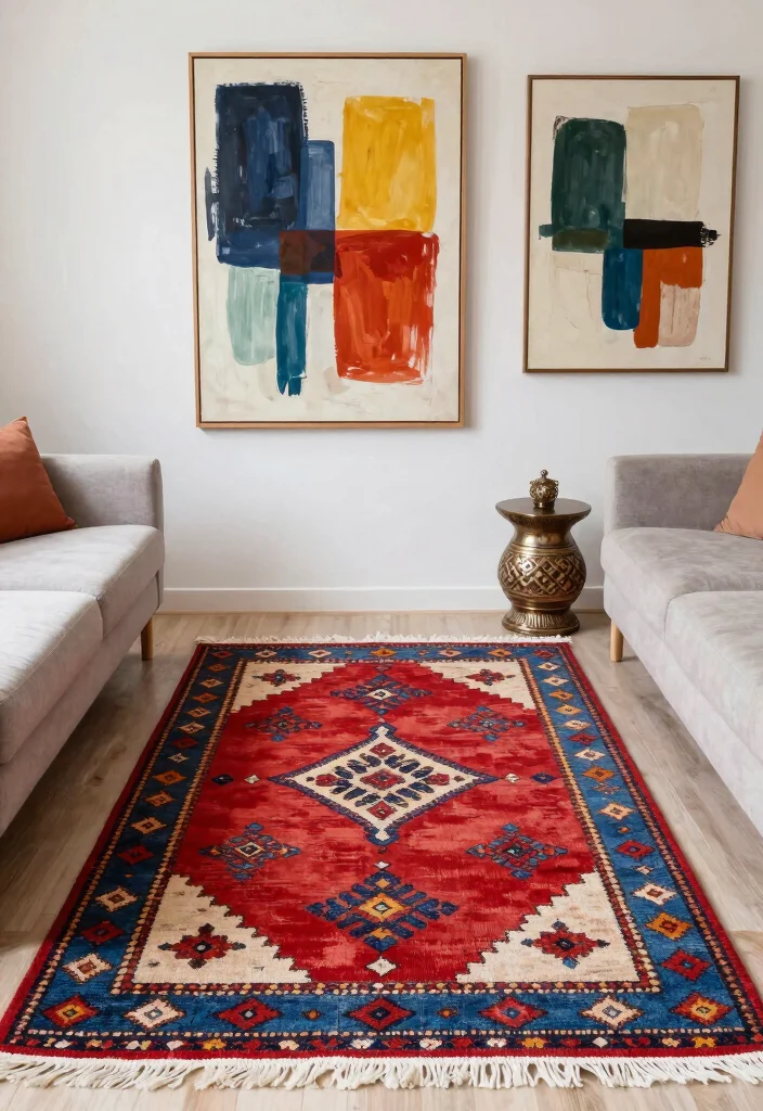 17 Moroccan Rug Living Room Ideas With Bold Boho Vibes - 7. Statement Wall Art 1