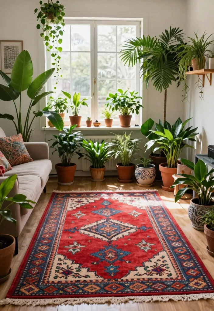 17 Moroccan Rug Living Room Ideas With Bold Boho Vibes - 8. Incorporating Plants for Freshness 1