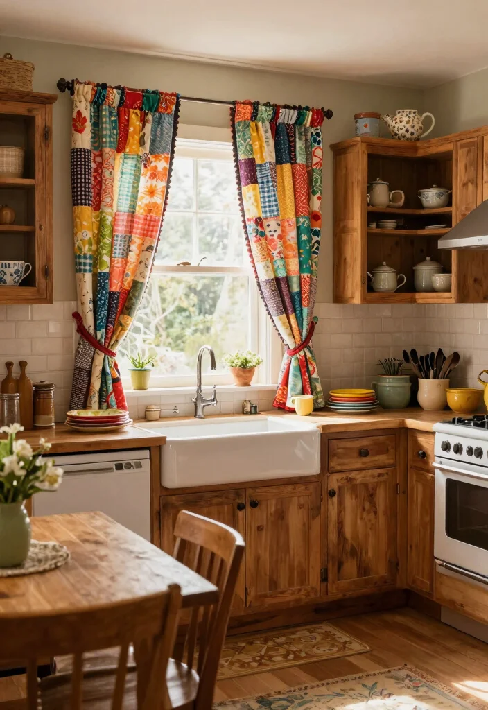 17 Shabby Chic Kitchen Curtains Ideas With Vintage Flair - 10. Patchwork Quilt Curtains 1