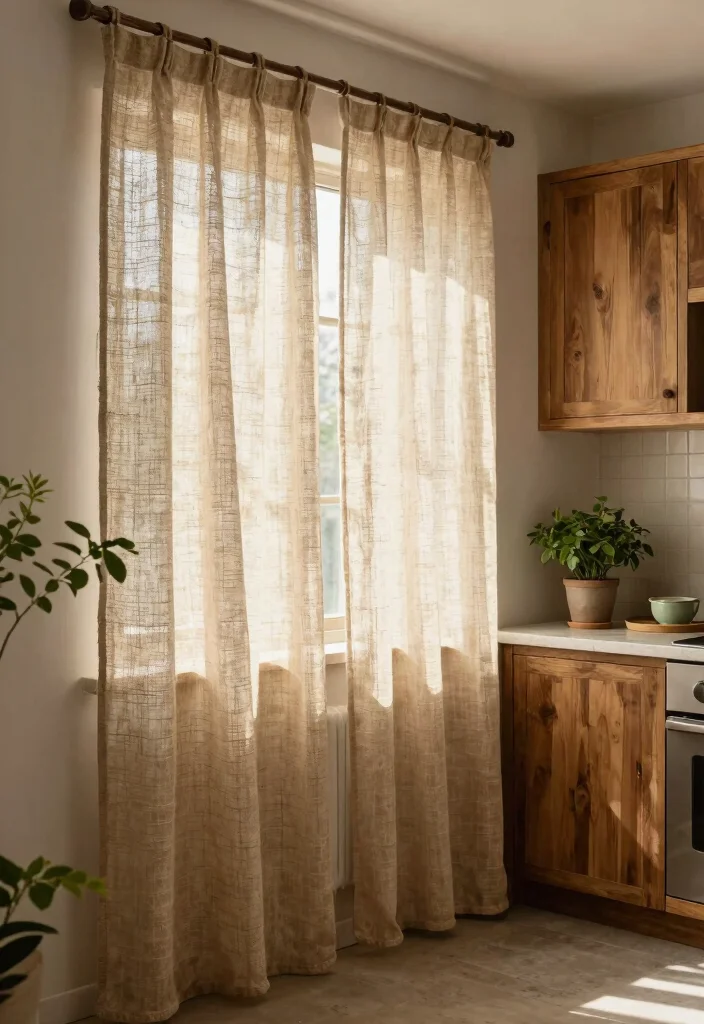 17 Shabby Chic Kitchen Curtains Ideas With Vintage Flair - 11. Natural Fiber Curtains 1