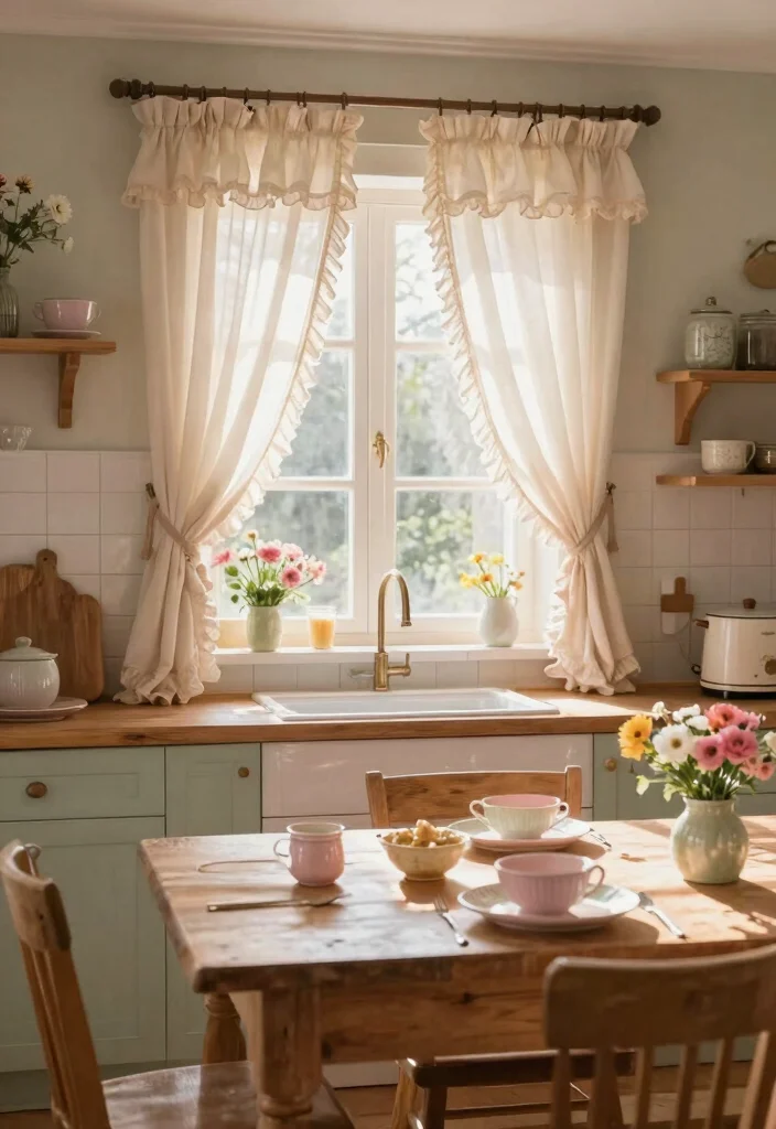 17 Shabby Chic Kitchen Curtains Ideas With Vintage Flair - 12. Whimsical Ruffled Curtains 1