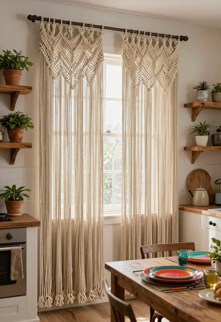 17 Shabby Chic Kitchen Curtains Ideas With Vintage Flair - 13. Bohemian Macrame Curtains 1