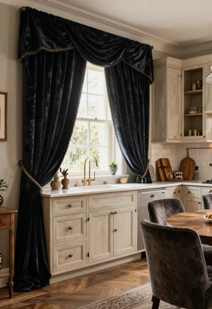 17 Shabby Chic Kitchen Curtains Ideas With Vintage Flair - 16. Romantic Velvet Drapes 1