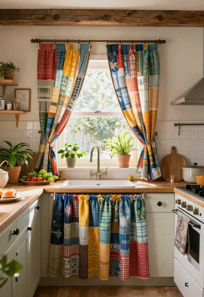 17 Shabby Chic Kitchen Curtains Ideas With Vintage Flair - 17. Upcycled Fabric Curtains 1